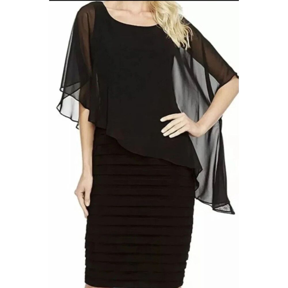 Adrianna Papell Sz 10 Black Tiered Dress Sheer Cape Overlay Party Cocktail MOB